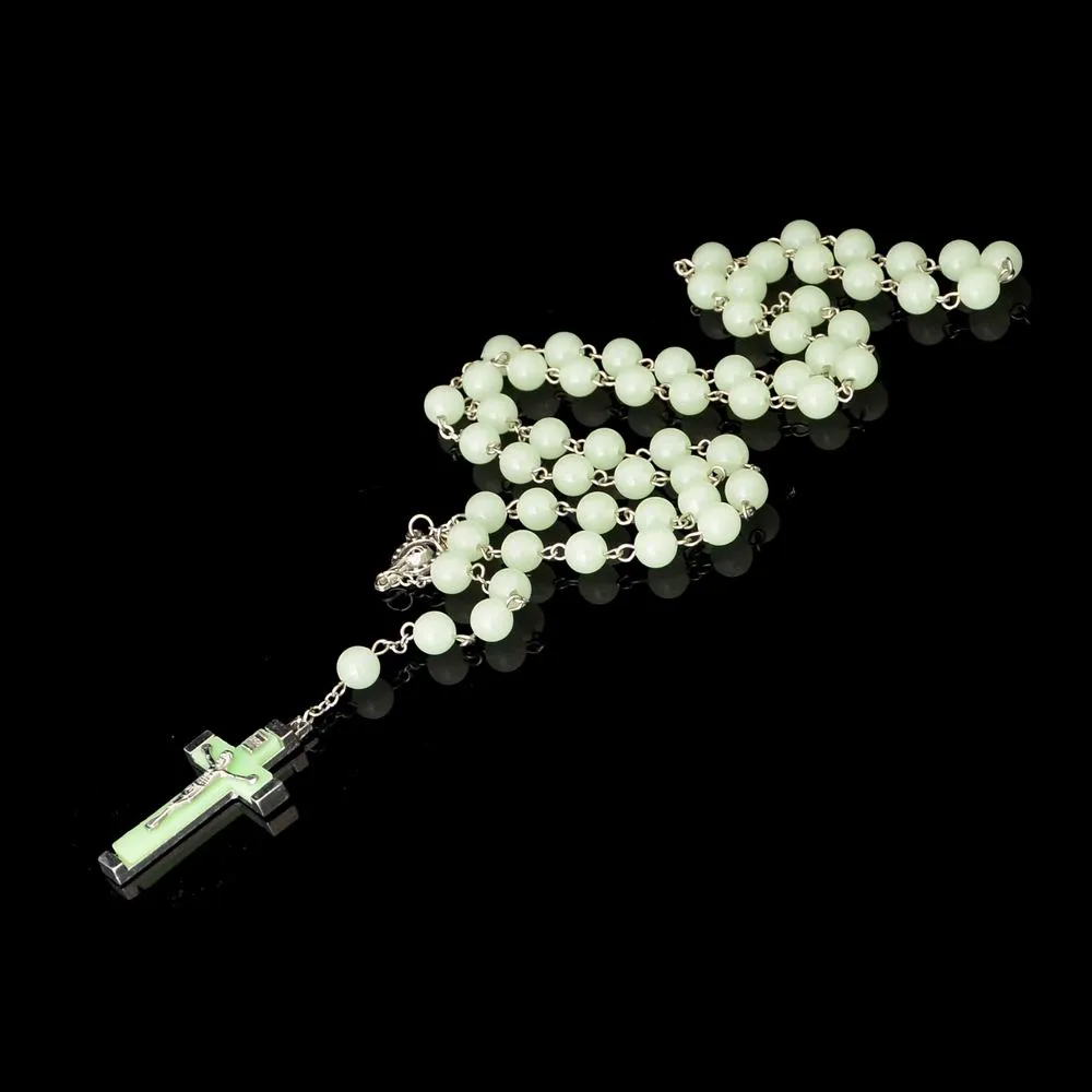 Light Blue Glow in Dark Plastic Rosary Beads Luminous Noctilucent Necklace Fashion Religious Jewelry Party Gift DHN405
