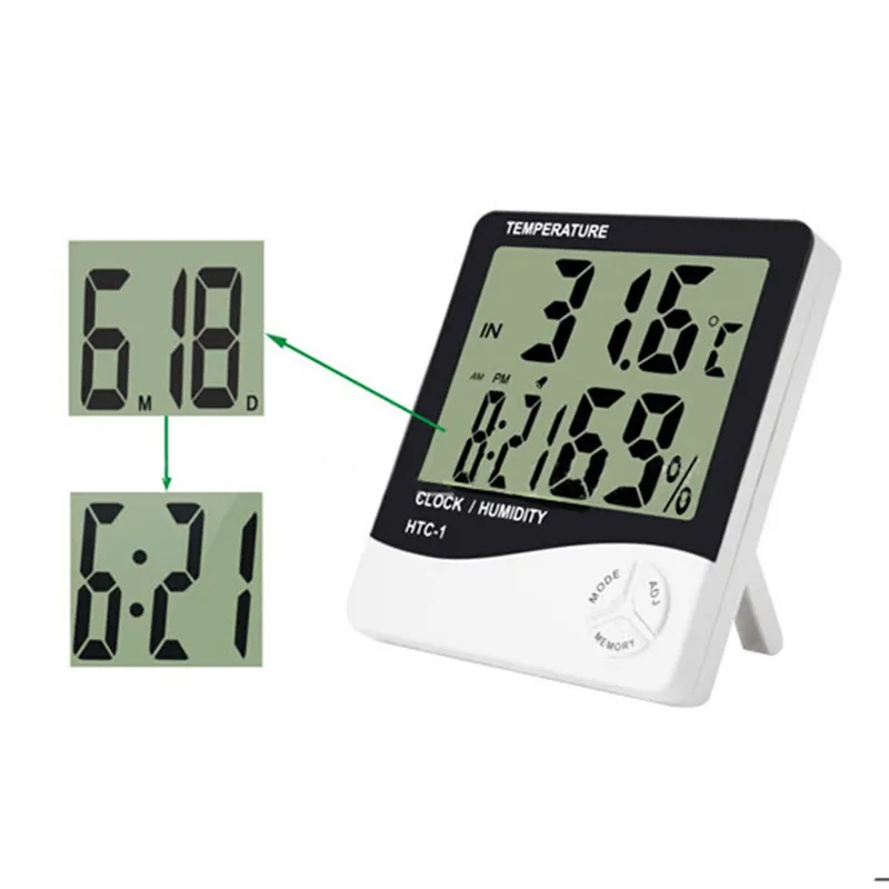 HTC-1 Hög Noggrann LCD Digital Termometer Hygrometer Inomhus Elektronisk Temperatur Luftfuktmätare Klocka Larm Väderstation DHL