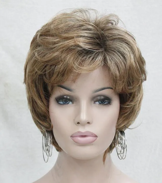 free shipping beautiful fashion Hivision fashion elegant yellow blonde mix auburn short wavy cury ladies's synthetic wig