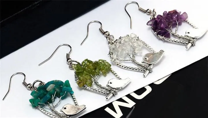 Creative Bird Tree of Life Dangling Earrings Fashion Personality Crystal Stone Earring Silver Plated Hooks Dangle Jewelry Handmade