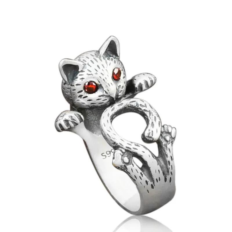 2017 Retro Style Lindo Cat Thai Silver Color Sterling Ladies Tamaño ajustable Anillos de joyería para niña