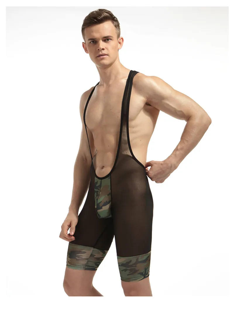 Fashion Mens Transparent Mesh Bodysuit Novelty Camouflage Printing Splice Jumpsuit Sexy Male Bondage Lingerie Underwear256i