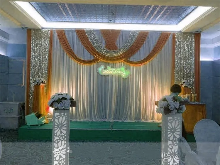 20ft10ft Luxury ice silk Wedding Backdrop Stage Curtains with swags Silver Sequin Fabric Wedding Props Satin Drape curtain party 5940028