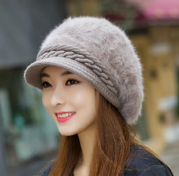 2017 Winter Rabbit Fur Knitted Beret Hat For Women Solid Slouchy Warm Ear Beanie Hat lot7052066