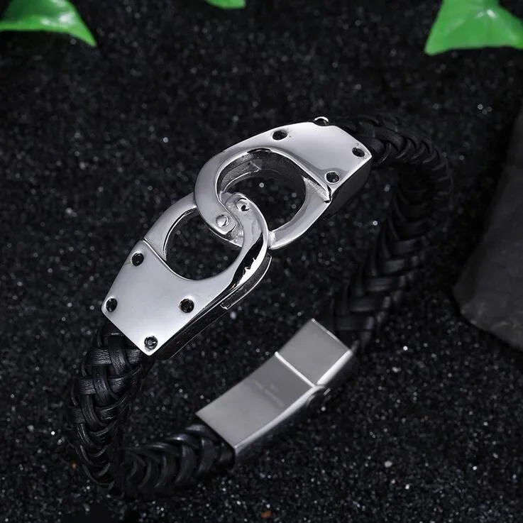 22 CM * 21 MM joyería tejida pulseras de cuero para hombre negro cuero genuino oro plata pulsera de acero inoxidable hombre pulseras