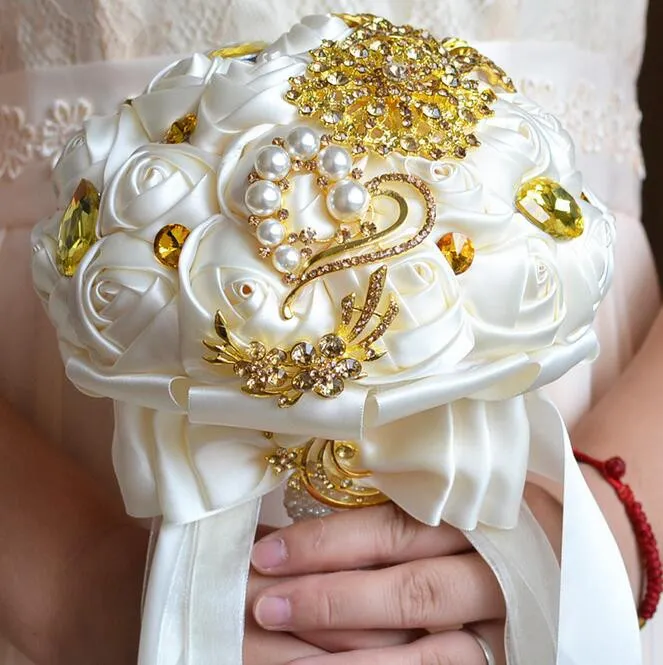 Goldbroschen Hochzeitsstrauß mit Kristallperlen Bouquet De Mariage 2017 Flores De La Boda Ramos De Novia Brautstrauß