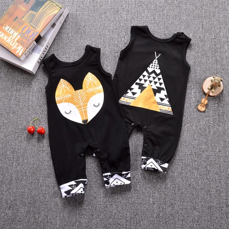 Ny baby rompers sommar spädbarn kläder bomull svart ärmlös tecknad räv jumpsuit bodysuit nyfödd baby pojke tjej kläder grossist