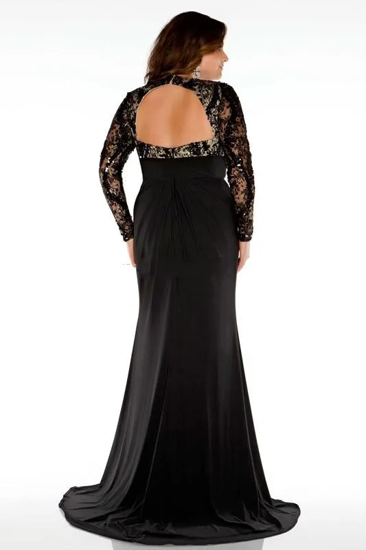 Plus Size Black Lace  Black Evening Gowns With Long Sleeves