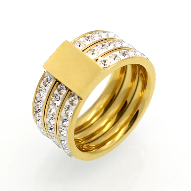 Female Brand Gold Color Zircon Crystal Titanium Stainless Steel Rings For Women Men Wedding Jewelry Three Layers Beauty anillos