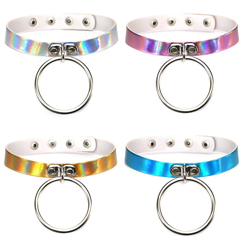 Uppdatera reflekterande holografisk choker pu läder chocker handgjorda lady metall laser krage punk gotisk halsband hip hop smycken drop fartyg