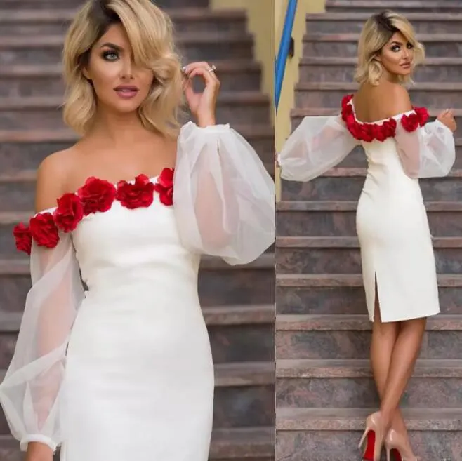 Graceful 2017 White Short Cocktail Dresses Red Hand Made Flower Off The Shoulder Illusion Long Sleeve Knee Length Celebrity Dress EN7216