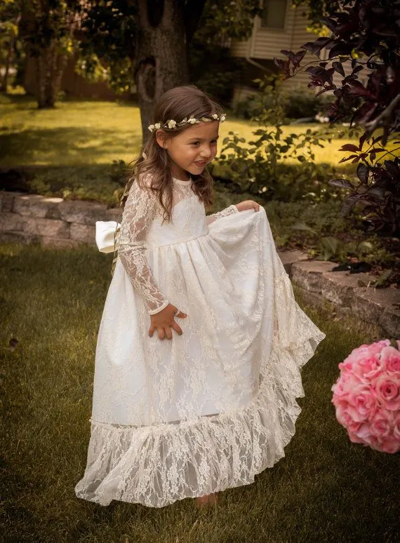 Laço boho vestido da menina de flor com mangas compridas júnior vestido de dama de honra vestido de primeira comunhão