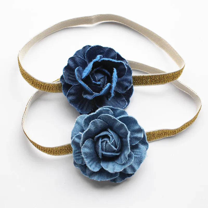 Navy Blue Camellia Girls Hairbands Cowboy Floral Headbands Handmade Flower Shape Kids Hairbands Princess Hairband 18pcs/lot