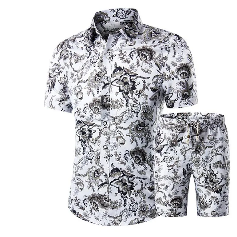 جديد الصيف الرجال قميص + شورت مجموعة عارضة المطبوعة هاواي قميص أوم قصيرة الذكور الطباعة اللباس مجموعات البدلة زائد الحجم