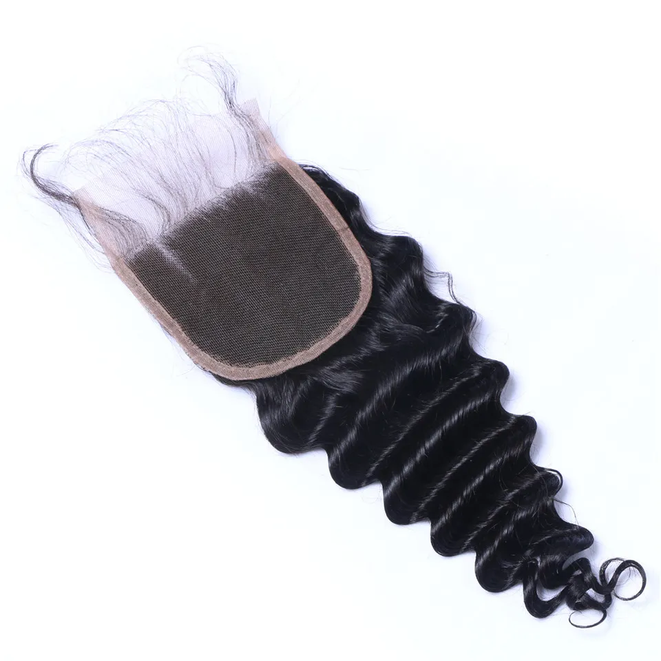 Fechamentos de laço de cabelo humano de onda profunda 4x4 Natural Natural Negro Branqueado nós pré-arrancados