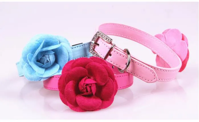 Welpenhalsbänder, große Samtblume mit PU-Leder, Hundezubehör, rosa, rot, lila, blaue Rose, Halsband für Hunde