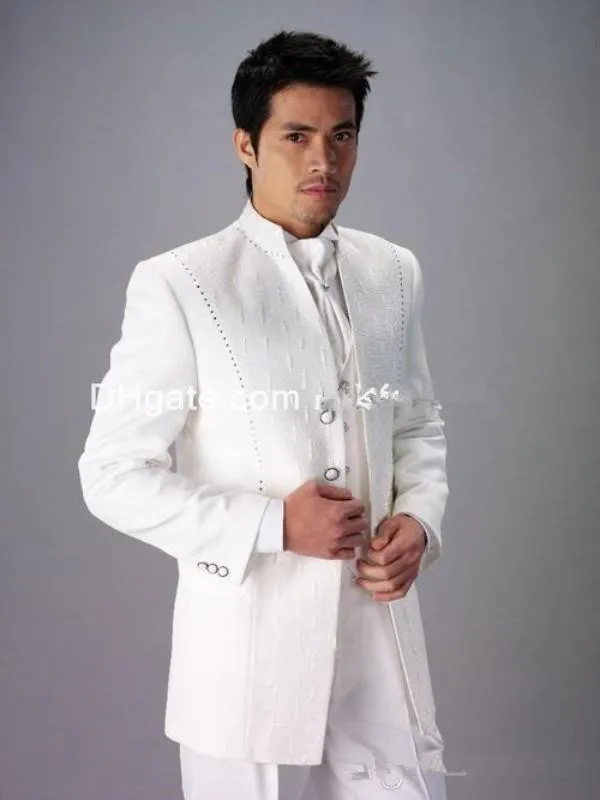Hot Sale Crystals Decoration White Groom Tuxedos Stand Collar Groomsmen Best Man Mens Wedding Suits Prom Suits (Jacket+Pants+Vest+Tie) G920