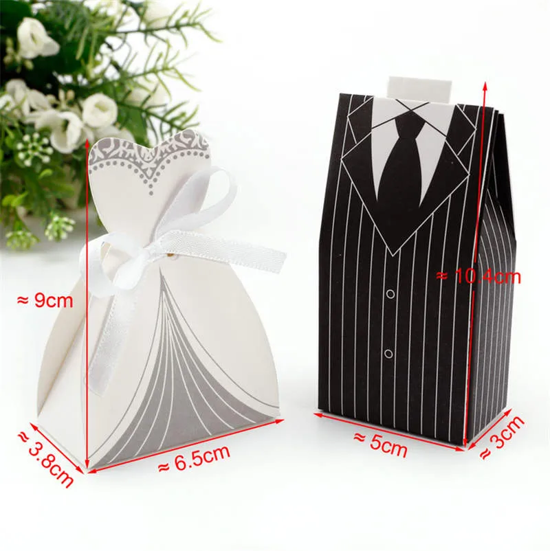 100 sztuk  Europejski Styl Tuxedo Dress Bride Groom Wedding Favors Candy Boxes Bomboniera Party Pudełka z wstążkami LZ0082