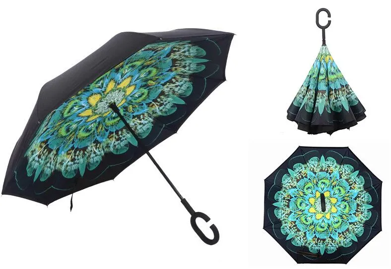 Inverted Reverse Folding Umbrella Upside Down Umbrellas With C-Shaped Handle Anti UV Waterproof Windproof Rain Umbrella for Women and Men