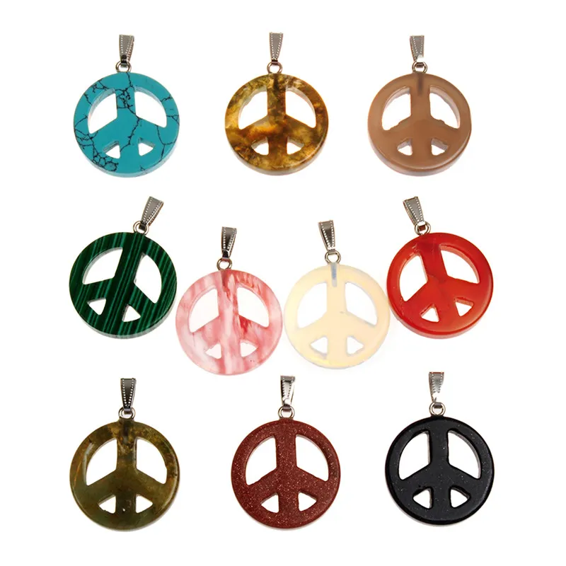 Hot Selling Vintage 31mm Peace Sign Natural Colorful Cherry Quartz Blue Sand Stone Malachite Pendant Charms for Europe Style Jewlery Making