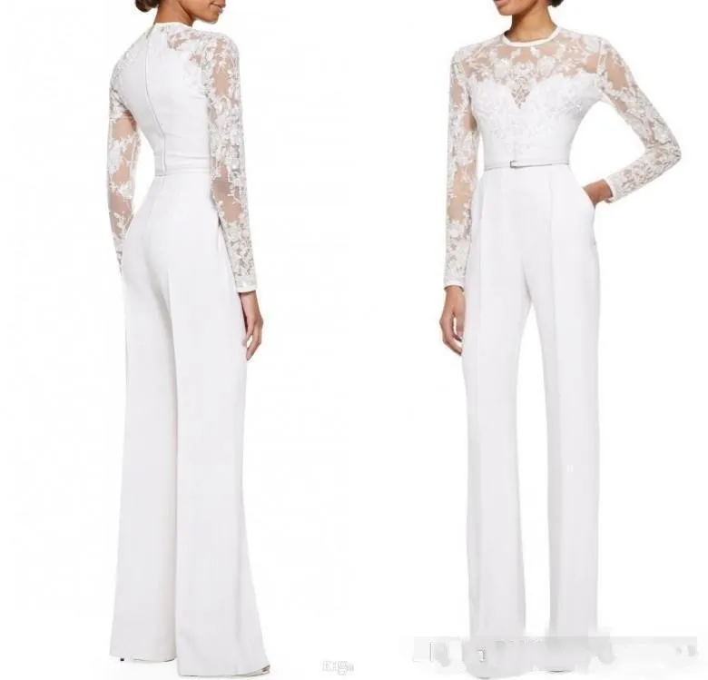 2019 new White Mother Of The Bride Pant Suits Jumpsuit With Long Sleeves Lace Embellished Women Formal Evening Wear Custom Made 117