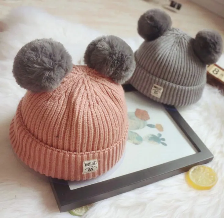 Gorros tejidos con pompón de piel de conejo para bebé, gorros cálidos de lana para invierno, gorros de ganchillo