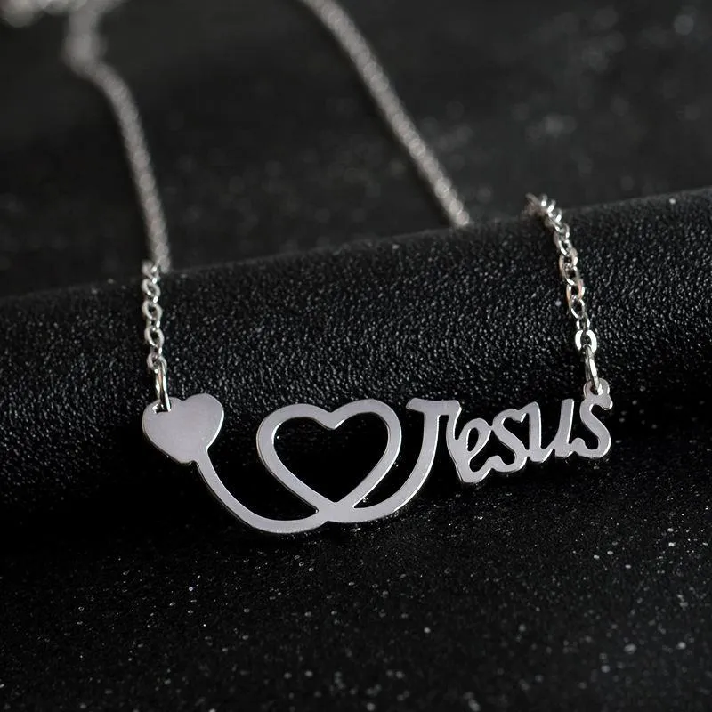 I Love Jesus Ketting Zilver Rose Goud Hart Stethoscoop Hangers Geloof Mode-sieraden voor Vrouwen Mannen Sieraden gift317h