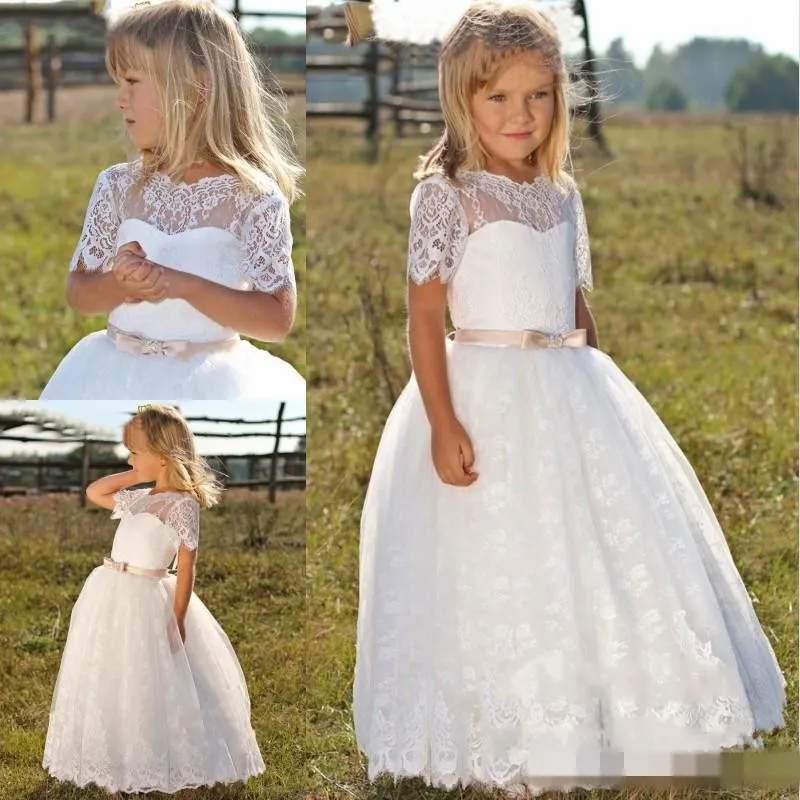 Cute Kids Frock Designs First Communion Dresses For Girls Short Sleeves Formal White Lace Flower Girl Dresses For Weddings 2019
