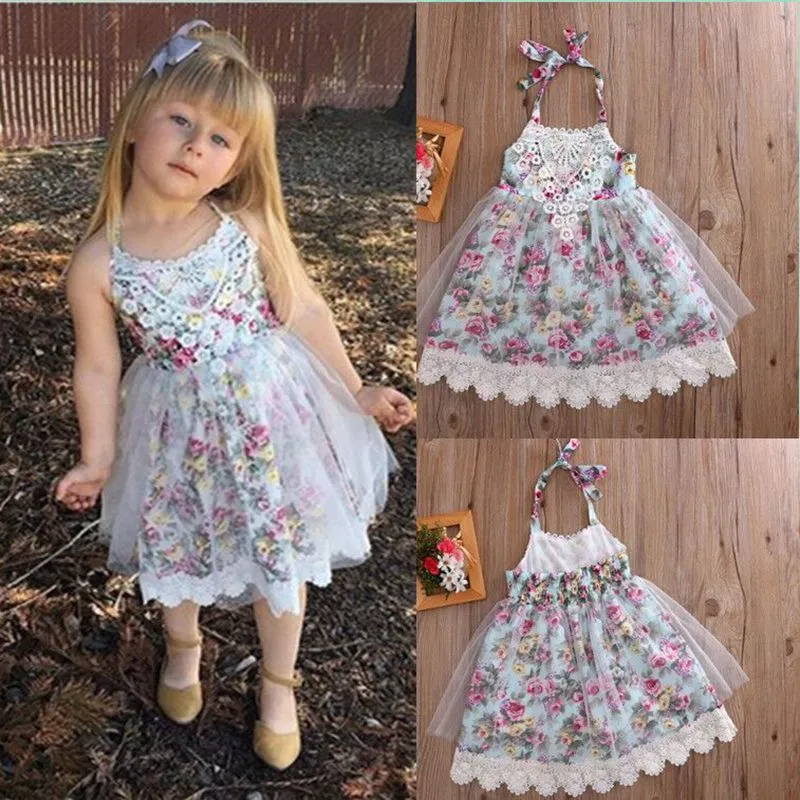 Tjej klänning sommar ny spets blommig baby flicka klänning prinsessa tutu klänning spädbarn halter klänningar barn kläder gratis snabb frakt