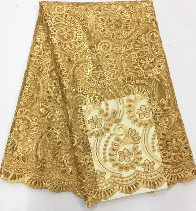 5 Yards/pc Meraviglioso tessuto di pizzo netto francese giallo con paillettes motivo floreale pizzo maglia africana vestiti BN56-1