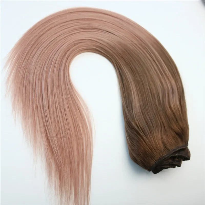 120g Full Head Clip In Human Hair Extensions Ombre Pink Brown Tips #3 Rose Gold Balayage Hair Extensions Highlights