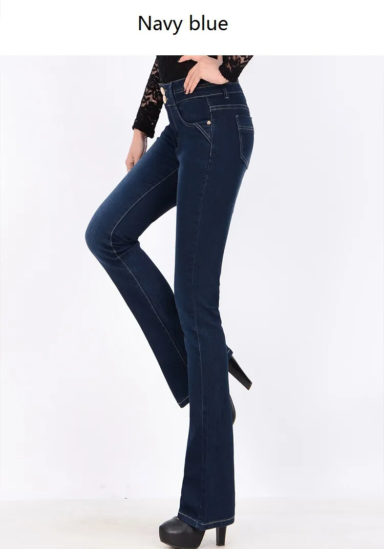 Slender Lady Comprimento Completo Cintura Alta Calça Jeans Feminina Flare Zíper Elástico Amaciante Denim Office