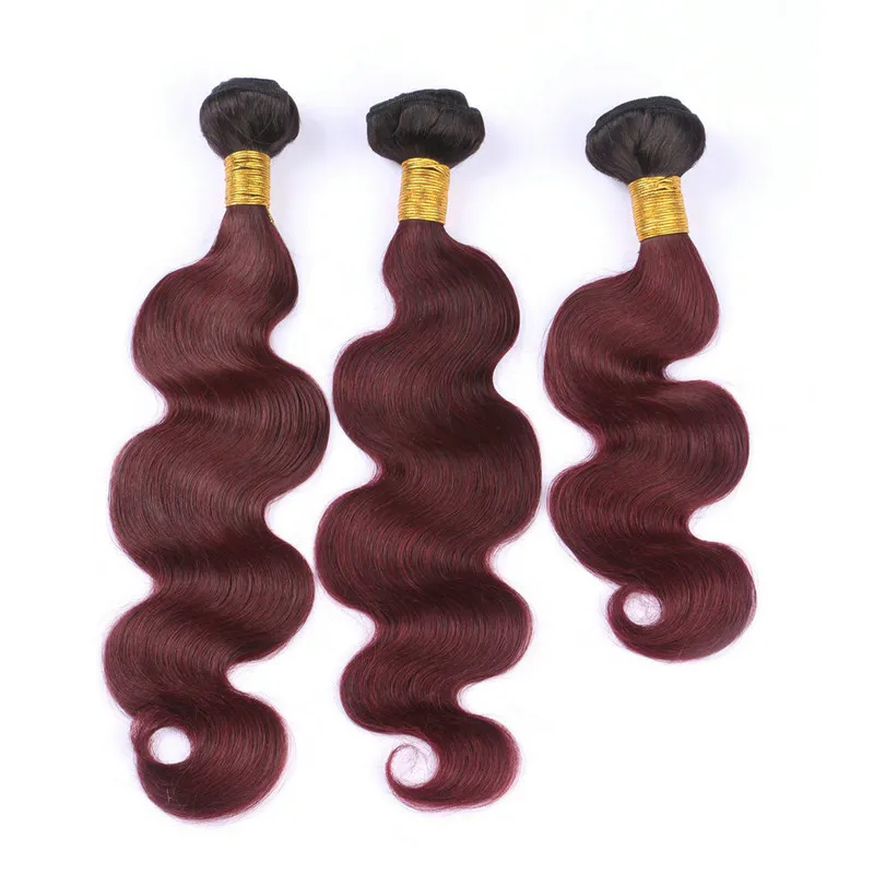 Vinröd Ombre Brasiliansk Virgin Human Hair Wefts Med Front Body Wave 1B / 99J Burgundy Ombre Lace Frontal Stängning 13x4 med buntar