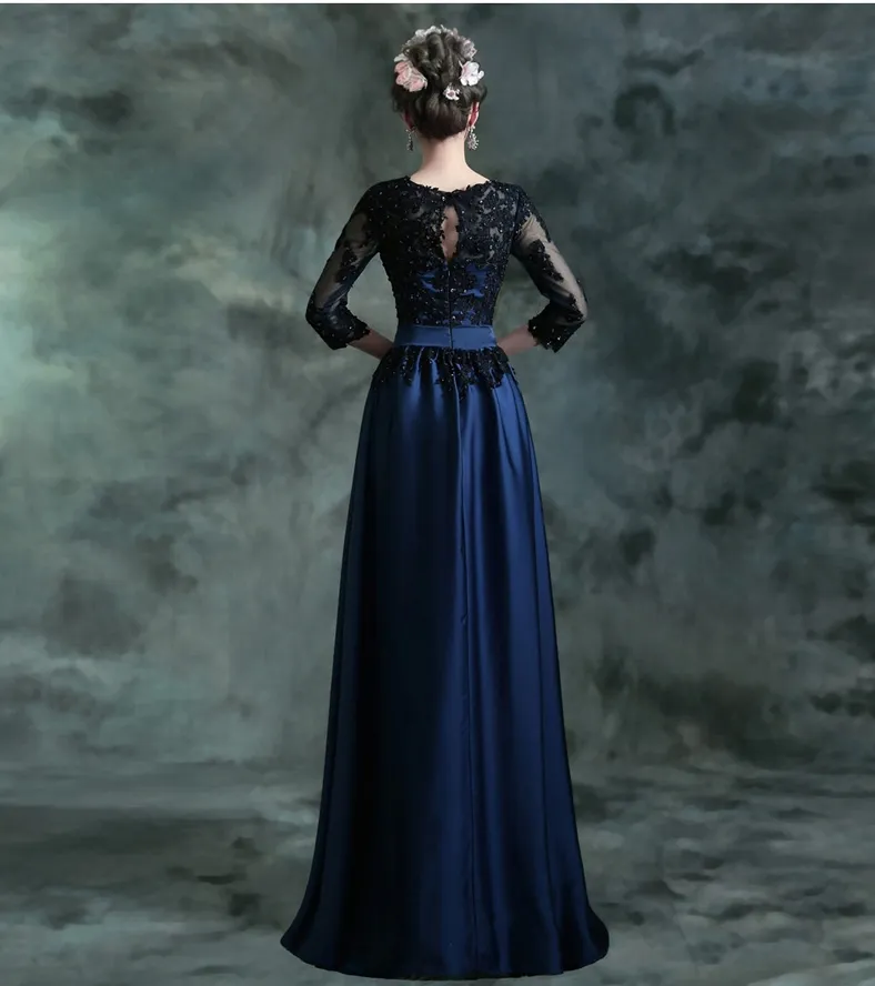 Navy Blue Long Modest Bridesmaid Dresses With 3/4 Sleeves Beaded Lace Satin Wedding Party Dresses Winter New Cheap Brides Maid Dress