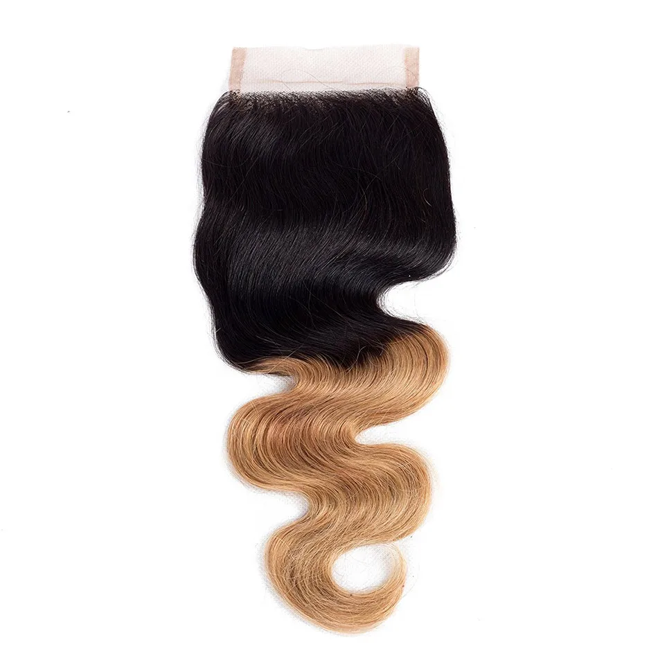 Dwa tonowe 1B 27 miodowe blond koronkowe zamknięcie wiązek Strawberry Blond Ombre Hair Bundles Brazylian Human Virgin Hair z 44 LA8196359