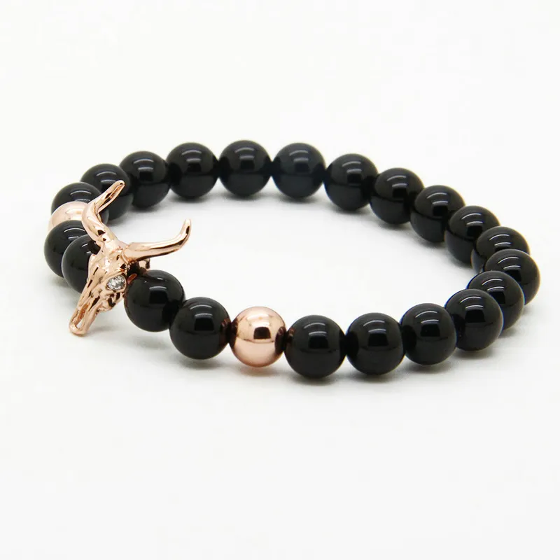 Wholesale 8mm Black Onyx Stone Beads Alloy Cow Bracelet Men And Women Matador Charm Bracelets