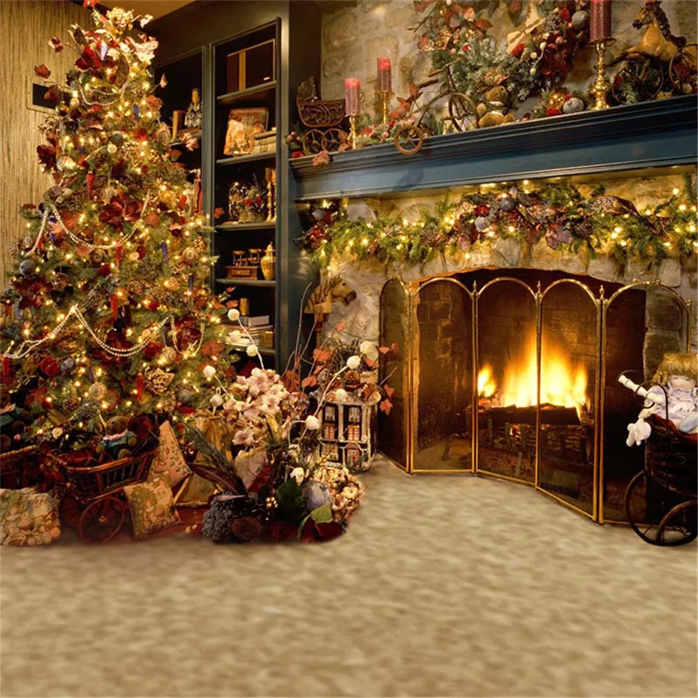 Intérieur Cheminée Photographie Décors Arbre De Noël Décoré Famille Cadeaux Enfants Enfant Vacances Studio Séance Photo Fond Vinyle Tissu