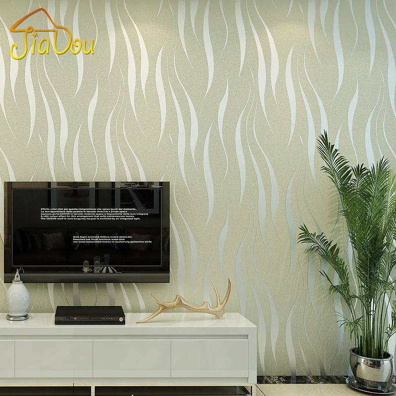 Atacado - Proteção de Poluição Ambiental Proteção Não-tecida Wall Papel 3D Onda Stripe Flocking Embossed Removível Mica Papel Mural 0.53 * 10m