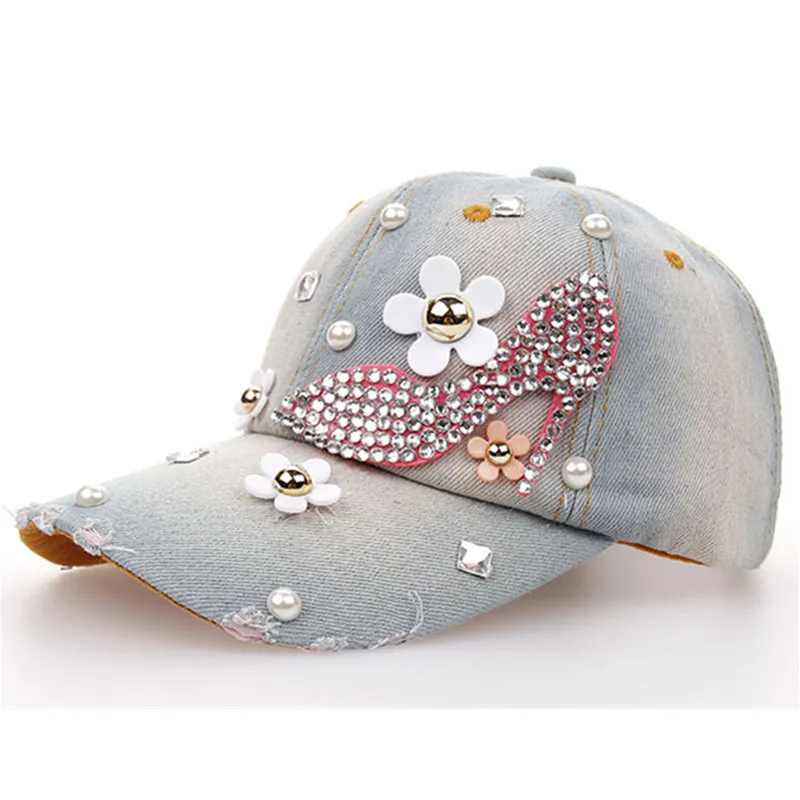 Nouvelle mode femmes Denim lavé strass casquette de Baseball avec jean à fleurs Simulation diamant casquettes Snapback chapeaux Hip Hop Hats2944