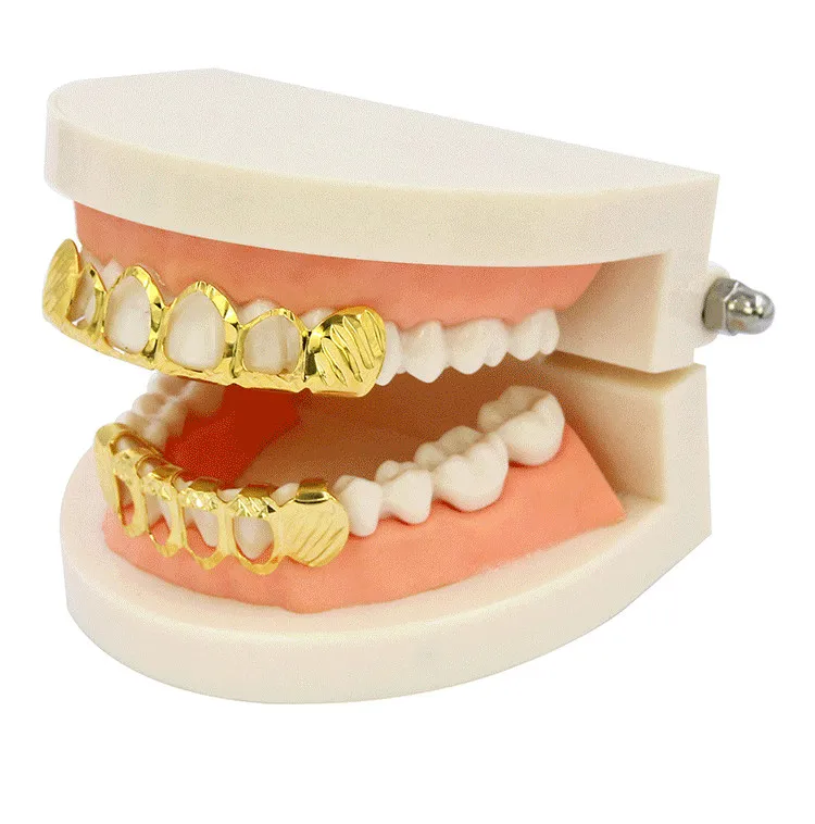 New Gold Silver Hollow Open Dlampnd Cut 6 Tooth Top Bottom Grills Teeth Caps Tooth Hiphop Grillz Set Party Jewelry210V