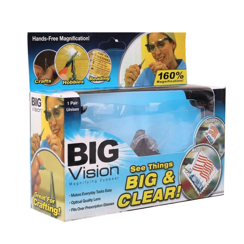 Пластиковые очки Big Vision на 160 градусов Увеличительные очки для очков, которые делают все больше и проще с розничным пакетом Vision Care
