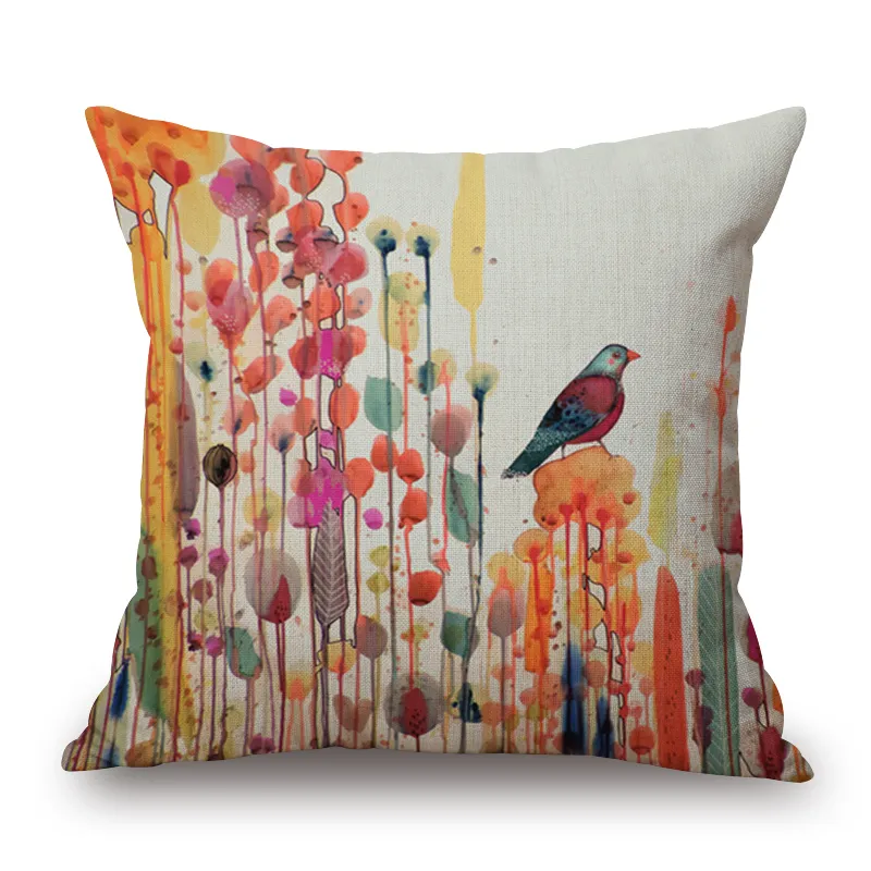 watercolor birds cushion cover country oil painting couch lounge throw pillow case decorative colorful almofada linen cojines7693763