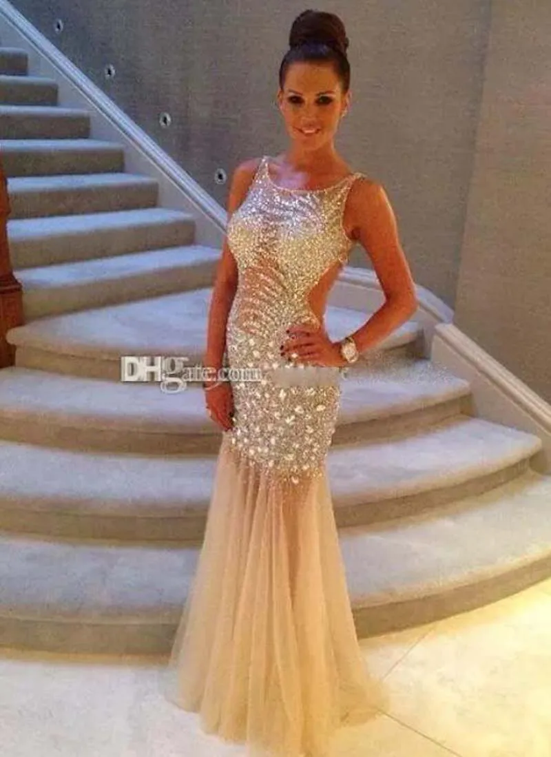 Seksowna 2k17 Nude Szampańskie Prom Suknia Syrenka Sheer Neck Bez Rękawów Kryształ Zroszony Tulle Backless Sparcely Bling Party Suknie wieczorowe