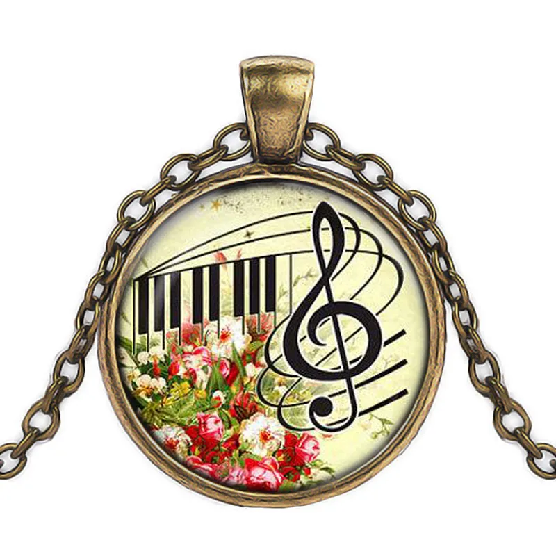 Vintage glas handgjorda hänge färgglada musik blomma halsband konst foto piano notera halsband smycken