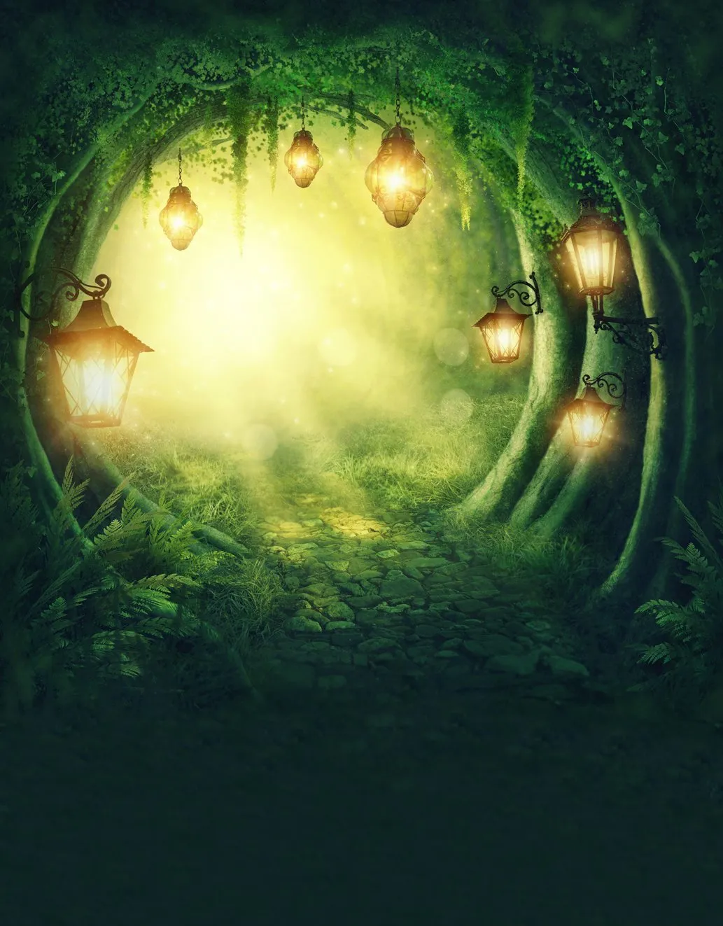 Fairy Tale Photography Backdrop Forest Tree Entrance Light Vintage Lanterns Stone Road Children Kids Studio Photography Booth Backgrounds