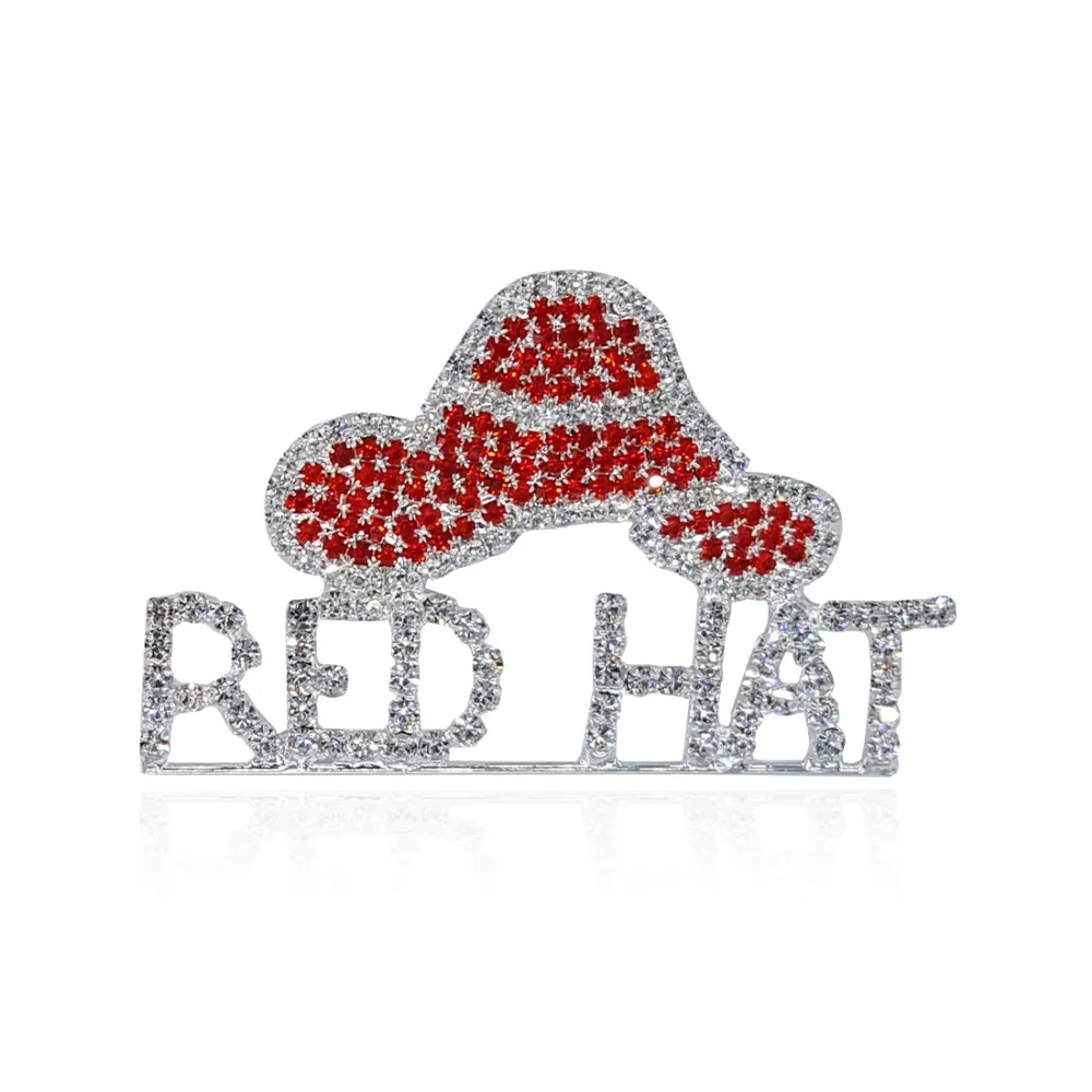 Wholesale- Rhinestone Red Hat Theme Jewelry " Red Hat " Word Brooch Pins for Red Hat Society Ladies