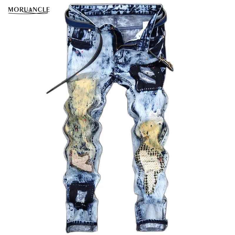 Mäns jeans grossist- 2020 NY HOT SALE MORUANCLE MENS RIPPAD PATCHWORK JOGGERS Fashion Male Blue Denim Pants Tryckt nödställda tvättade byxor