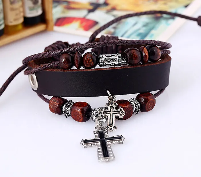 Multi-camada Cruz Pingente Charme Bracelete para Homens Unisex Casual Couro Genuíno Bangles Madeira Grânulos Moda Jóias Atacado