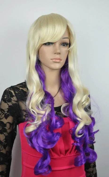 бесплатная доставка очаровательный красивый новый горячий продавать Лучший новый стиль длинные вьющиеся блондинка микс фиолетовый парики волос для женщин парик волос