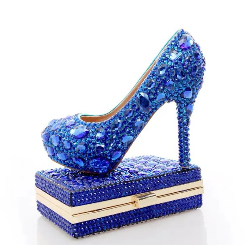 Blaue Strass-Hochzeits-Absätze mit modischer Kristall-passender Tasche, Party-High-Heels mit Clutch, Brautschuhe, Damen-Abschlussball-Pumps